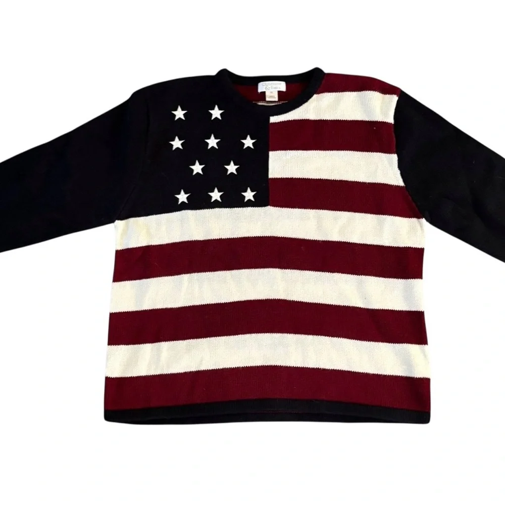 VTG Stars Stripes Cotton Blend Crew Neck Sweater XL 3/4 Sleeve Red White Navy